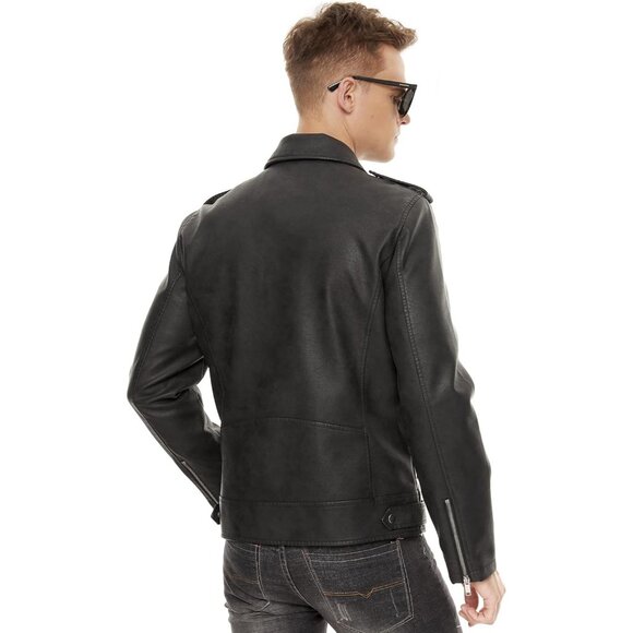 Men Black Faux Leather Biker Jacket Slim Fit Motorcycle Bomber Zip Up Coat - Picture 5 of 6